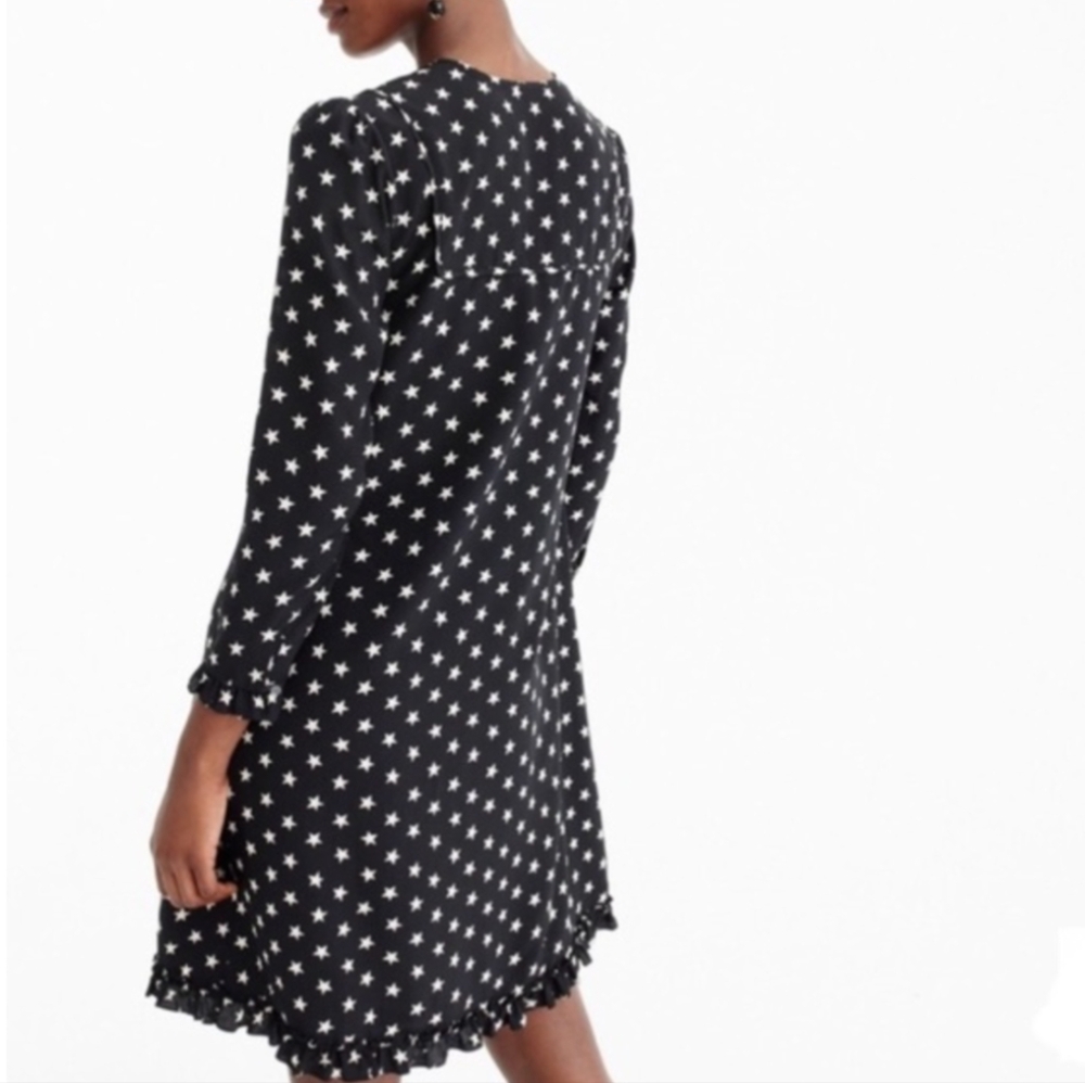 J Crew Dress Midi Silk Lined Size 4 Black Star Print Buttons At Front Long Sleev - Picture 4 of 8